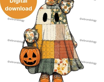 Pode incluir: Ilustração digital de um fantasma de patchwork segurando um balde de abóbora. O fantasma é feito de vários padrões e cores de tecido, com tênis laranja e um laço combinando. A imagem inclui o texto "PNG Digital download".
