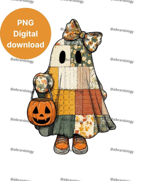 Coquette Patchwork Ghost PNG, Retro Halloween Pumpkin Clipart, Cottagecore Quilt Ghost Sublimation Design, Spooky Season Digital Download