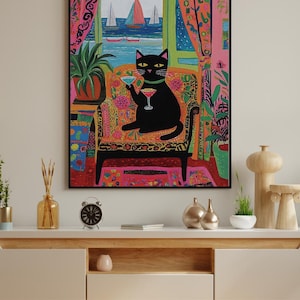 黒猫のカクテルアートプリント - レトロなバーカートの装飾、ヴィンテージ風の油絵、折衷的なかわいい猫のウォールアート