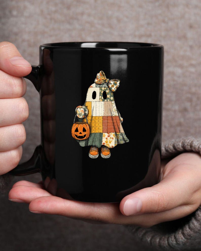 Coquette Patchwork Ghost PNG, Retro Halloween Pumpa Clipart, Cottagecore Quilt Ghost Sublimation Design, Spooky Season Digital Nedladdning bild 4
