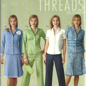 May include: A sewing pattern cover featuring four women modeling different outfits. The outfits include a blue skirt suit, a green polka-dot pantsuit, a white shirt with navy pants, and a blue tweed skirt suit. The text "THREADS COLLECTION" is at the top.