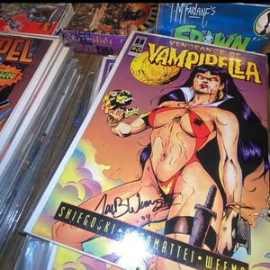 May include: A Vengeance of Vampirella comic book issue number 3 featuring a character with long black hair in a red outfit holding a skull. The cover includes the text Vengeance of Vampirella, Shiegoski, and a black ink signature across the centre.