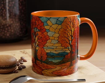 Fall Mountain Stained Glass Coffee Mug: Autumn in the woods