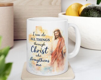 Jesus Illustration Mug | I Can Do All Things Through Christ Scripture Coffee Cup