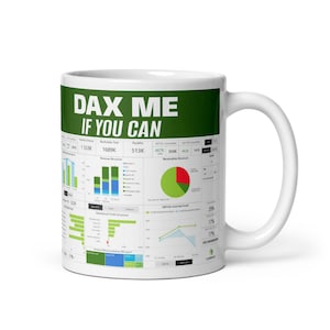 Op de afbeelding: Witte keramische mok met de tekst "DAX ME IF YOU CAN" in witte letters op een donkergroene achtergrond. De mok toont financiële grafieken en datavisualisaties.