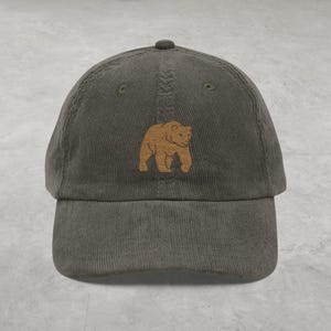 Vintage Corduroy Hat with Bear Silhouette Embroidery, Dad Hat, Baseball Cap, Gift for Him, Retro Style, Adjustable Cap