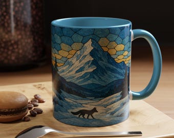 Winter Mountain Stained Glass Coffee Mug: Fox in the snow