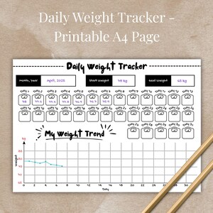 Printable Daily Weight Tracker | Handwritten Style Fitness Log, 31-Day Weight Loss Journal, Fitness Planner, A4 Digital Download