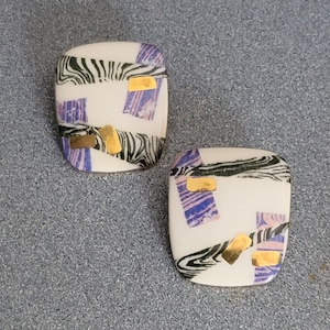 d7jc Modernist Ceramic Porcelain Earrings Vintage 1980s Stud New Old Stock Hand Made Gold Pink Black White Blue