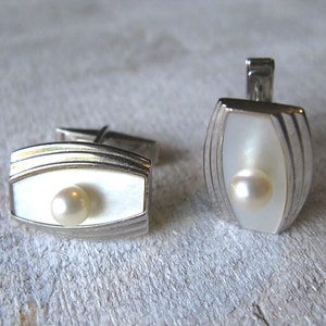 jcd1 Gemelos modernistas Perla y Plata de ley Vintage 1950s Akoya Perla Madre de Perla Gemelos Joyería de boda