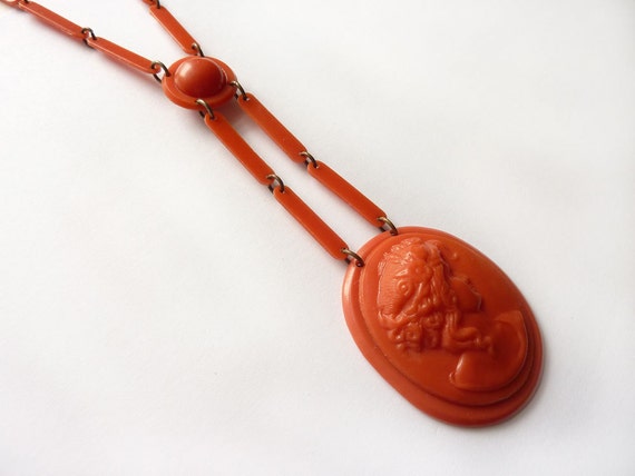 jcd3 Celluloid Coral Cameo Necklace Vintage Art D… - image 2