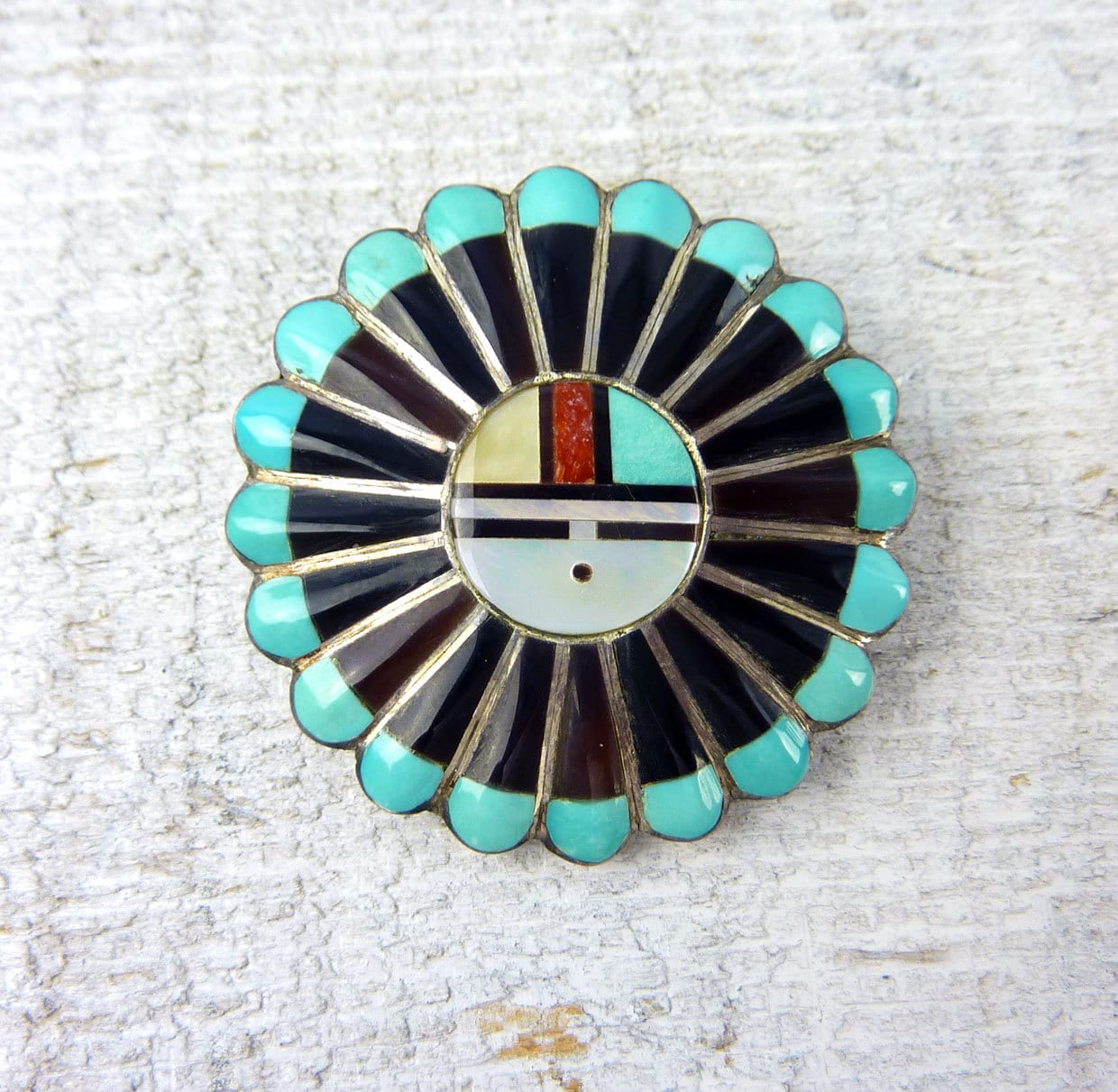 Zuni Sun Face Pendant & Brooch Vintage Turquoise Coral Mother Etsy