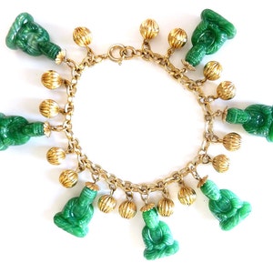 d3jc  Rare 1950s Vintage Napier Green Buddha Charm Bracelet Gold Tone Beads Designer Signed