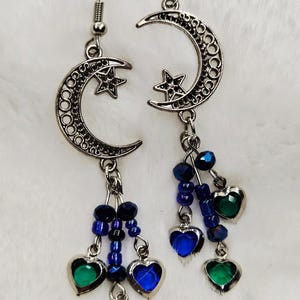 Antique Silver Scrollwork Filigree Moon Handmade Earrings with Blue and Green Gem Heart Dangles