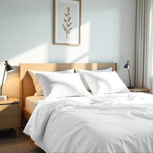 Könnte beinhalten: Ein Schlafzimmer mit einem Bett mit weißer Bettwäsche. Zwei weiße Kissen liegen an einem hölzernen Kopfteil. Zwei schwarze Schreibtischlampen mit goldenen Details stehen auf den Nachttischen. Ein gerahmter botanischer Druck hängt an der Wand.