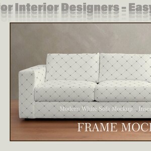 Puede incluir: Una maqueta de sofá blanco con un patrón de diamantes. El sofá tiene tres cojines y un diseño moderno. La imagen incluye el texto "Easy Editable Mockup" y "FRAME MOCKUP".