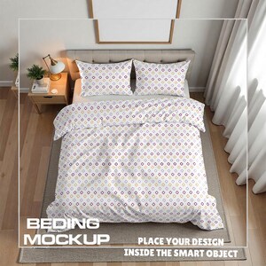 May include: A bed with a white comforter and two matching pillowcases. The bedding features a repeating pattern of purple, yellow, and orange circles. The words "BEDDING MOCKUP" and "PLACE YOUR DESIGN INSIDE THE SMART OBJECT" are visible.