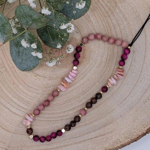 Pink cell phone chain for your wrist – cell phone charm with rhodonite, pink tiger's eye, mahogany obsidian, and shell | Gemstone cell phone chain with gold