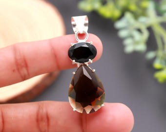 Ciondolo in quarzo fumé e onice nero, collana in argento sterling con pietre preziose, gioiello con cristalli curativi, ciondolo boho fatto a mano, regalo con cristalli protettivi