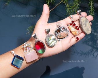 Lotto di ciondoli con pietre preziose all'ingrosso / Gioielli placcati in argento sterling 925 / Ciondoli in pietra naturale all'ingrosso / Ciondoli vintage boho fatti a mano