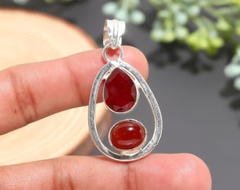 Ciondolo in granato rosso e corniola, ciondolo a goccia in argento sterling 925, gioiello con pietra portafortuna di gennaio, ciondolo con pietra preziosa fatto a mano, regalo per lei