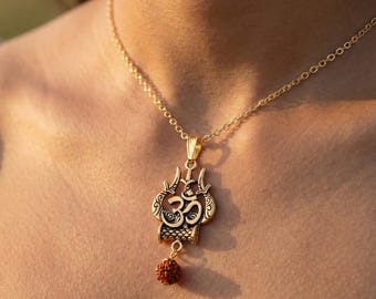 Naszyjnik Om Trishul Rudraksha, naszyjnik z wisiorkiem Shiva, biżuteria duchowa, naszyjnik hinduski, biżuteria medytacyjna, prezent Mahadeva, naszyjnik do jogi