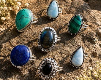 Lotto di anelli all'ingrosso con pietre preziose naturali, anelli in argento sterling 925 placcato con cristalli, gioielli boho di tendenza, regalo fatto a mano per lei