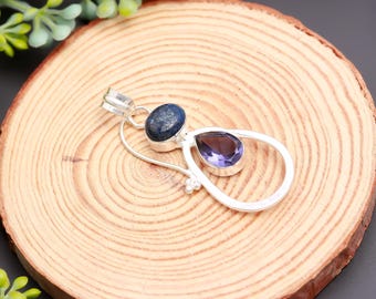 Ciondolo in ametista e lapislazzuli, collana a goccia in argento sterling 925, gioielli con pietre preziose viola e blu, ciondolo fatto a mano, regalo per lei