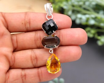 Pendentif citrine et quartz fumé en onyx noir, pendentif en argent sterling 925, collier fait main avec plusieurs pierres précieuses, cadeau bijou tendance pour femme