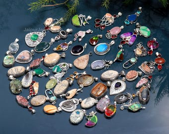 Lote de colgantes de piedras preciosas al por mayor, bañados en plata de ley 925, con piedras naturales mixtas, joyería artesanal al por mayor para reventa.