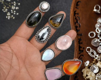 Lotto di anelli all'ingrosso con pietre preziose naturali, anelli placcati in argento sterling 925, anelli vistosi con cristalli misti, gioielli boho in confezione regalo all'ingrosso