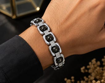 Bracciale da uomo in onice nera / Bracciale con pietra protettiva per uomo / Bracciale di lusso a maglie in acciaio inossidabile / Regalo per lui / Regalo di anniversario