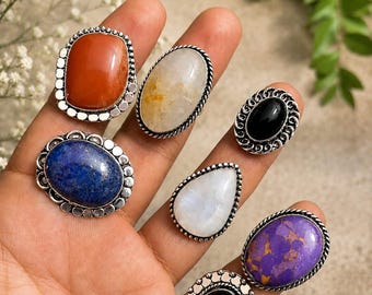 Lotto di anelli con pietre preziose naturali all'ingrosso / Anelli vistosi placcati in argento sterling 925 / Gioielli con cristalli all'ingrosso / Regalo boho per donne