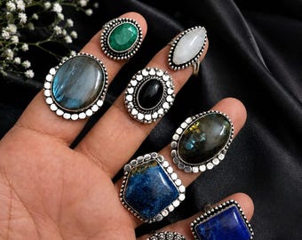 Lotto di anelli all'ingrosso con pietre preziose naturali / Anelli di tendenza placcati in argento sterling 925 / Gioielli in labradorite, lapislazzuli, pietra di luna e onice
