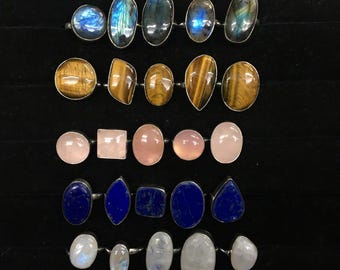 Lotto di anelli con pietre preziose naturali all'ingrosso / Anelli con cristalli placcati in argento sterling 925 / Gioielli con pietre miste all'ingrosso / Regalo per rivenditori