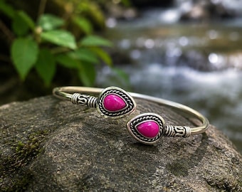 Bracelet jonc en cristal rose pour femme | Manchette réglable en argent | Bijoux faits main en pierres précieuses | Cadeau d'anniversaire bohème pour elle