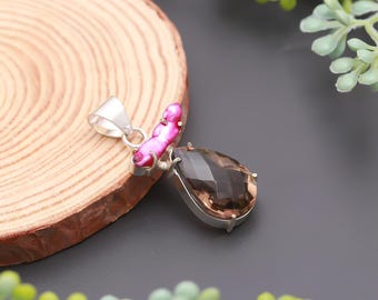 Ciondolo in quarzo fumé e perla Biwa rosa, ciondolo in argento sterling 925, collana con pietre preziose a goccia, regalo di gioielli fatti a mano per lei