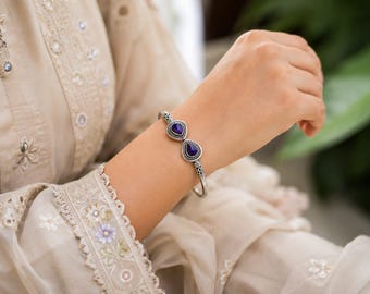 Bracelet jonc en onyx bleu pour femme | Manchette réglable en argent | Bijoux faits main en pierres précieuses | Cadeau bohème pour elle