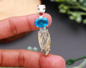 Pendentif topaze bleue et quartz rutile doré, collier de pierres précieuses fait main en argent sterling 925, cadeau bijoux tendance pour femme, pendentif bohème