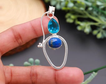 Ciondolo in topazio blu e lapislazzuli, collana in argento sterling 925, gioielli con pietra portafortuna di dicembre, ciondolo con pietra preziosa blu, regalo per lei nel Regno Unito