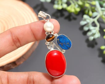 Ciondolo in corallo rosso e lapislazzuli, collana di perle occhio di tigre, ciondolo in argento sterling 925, gioielli con più pietre, regalo con ciondolo importante per lei