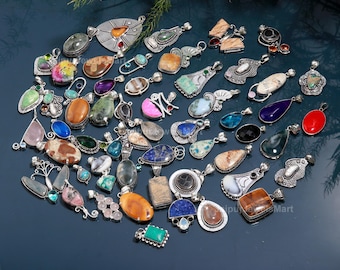 Lote de colgantes de piedras preciosas al por mayor / Joyería chapada en plata de ley 925 / Colgantes de piedras naturales mixtas / Joyería artesanal al por mayor para revendedores