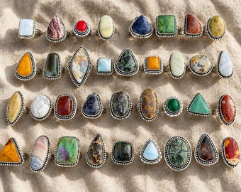 Lotto di anelli con pietre preziose all'ingrosso / Anelli con pietre naturali in blocco / Anelli regolabili placcati in argento sterling 925 / Lotto di gioielli per rivenditori / Regalo per lei