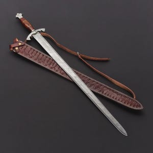 Handmade Damascus Steel Double Edge Viking Sword Gift For Boyfriend Long Sword With Sheath