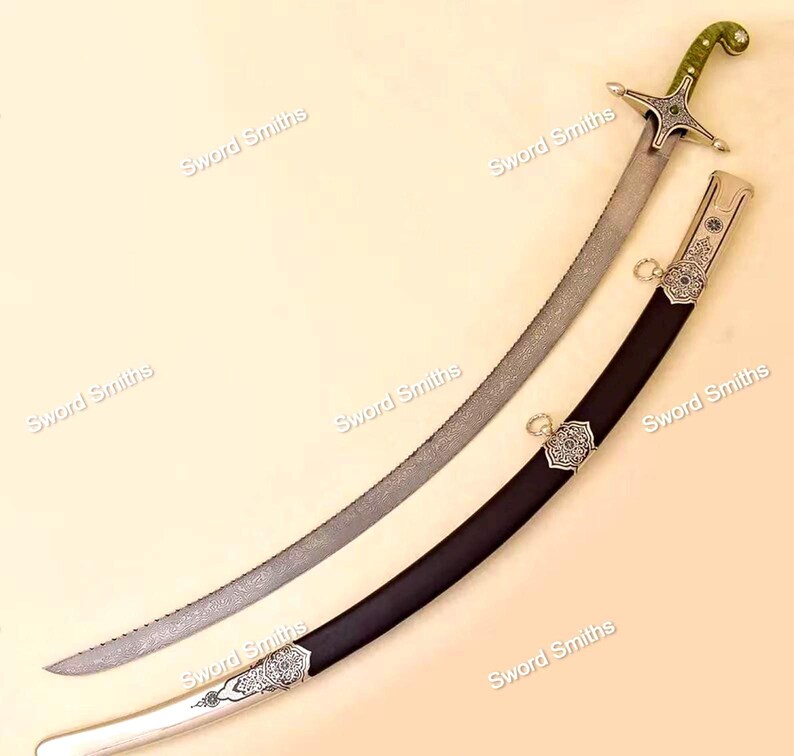Handmade Damascus Steel Ottoman Sword: Islamic Shamshir With Leather ...