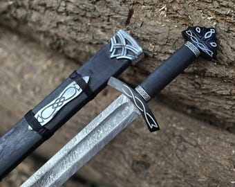 Handmade Damascus Steel Viking Sword, Northman Sword with Leather Sheath