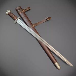 Handmade Damascus Steel Viking Sword Three-Lobed Sword  Sword With Leather Sheath Gift For Him