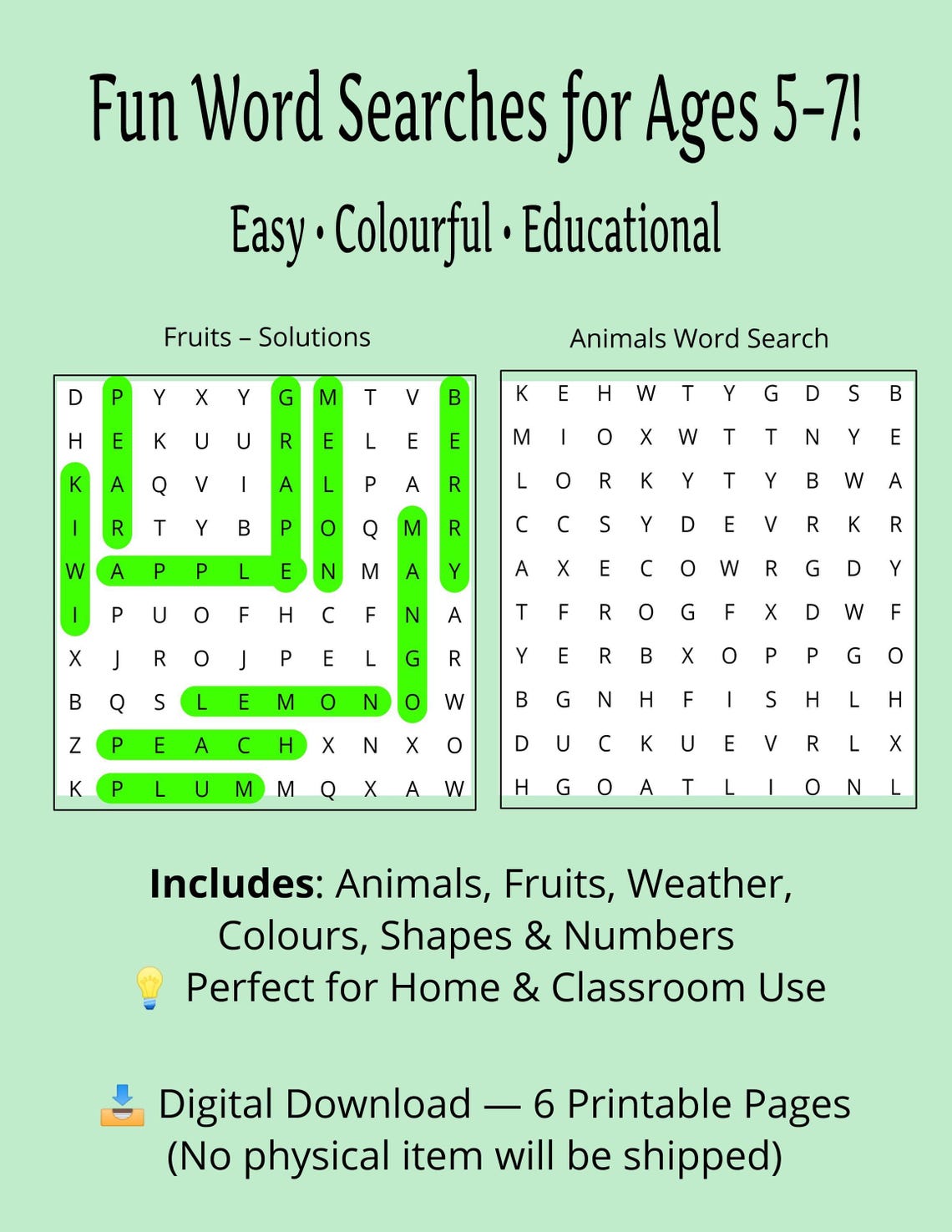 Kids Word Search Ages 5-7 | Digital Download Printable Puzzle, Fun ...