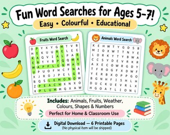 Puede incluir: Un conjunto de seis páginas de sopas de letras imprimibles para niños de 5 a 7 años, con temas de frutas y animales. Las páginas incluyen ilustraciones coloridas de una manzana, plátano, naranja, león, elefante y jirafa, con el texto Fun Word Searches for Ages 5-7, Easy, Colourful, Educational, e Includes: Animals, Fruits, Weather, Colours, Shapes & Numbers.