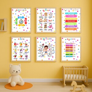 Educatieve posters voor de kinderkamer | 12 afdrukbare grafieken | Muurkunst kinderkamer | Fruit, dieren, lichaamsdelen, voertuigen, seizoenen